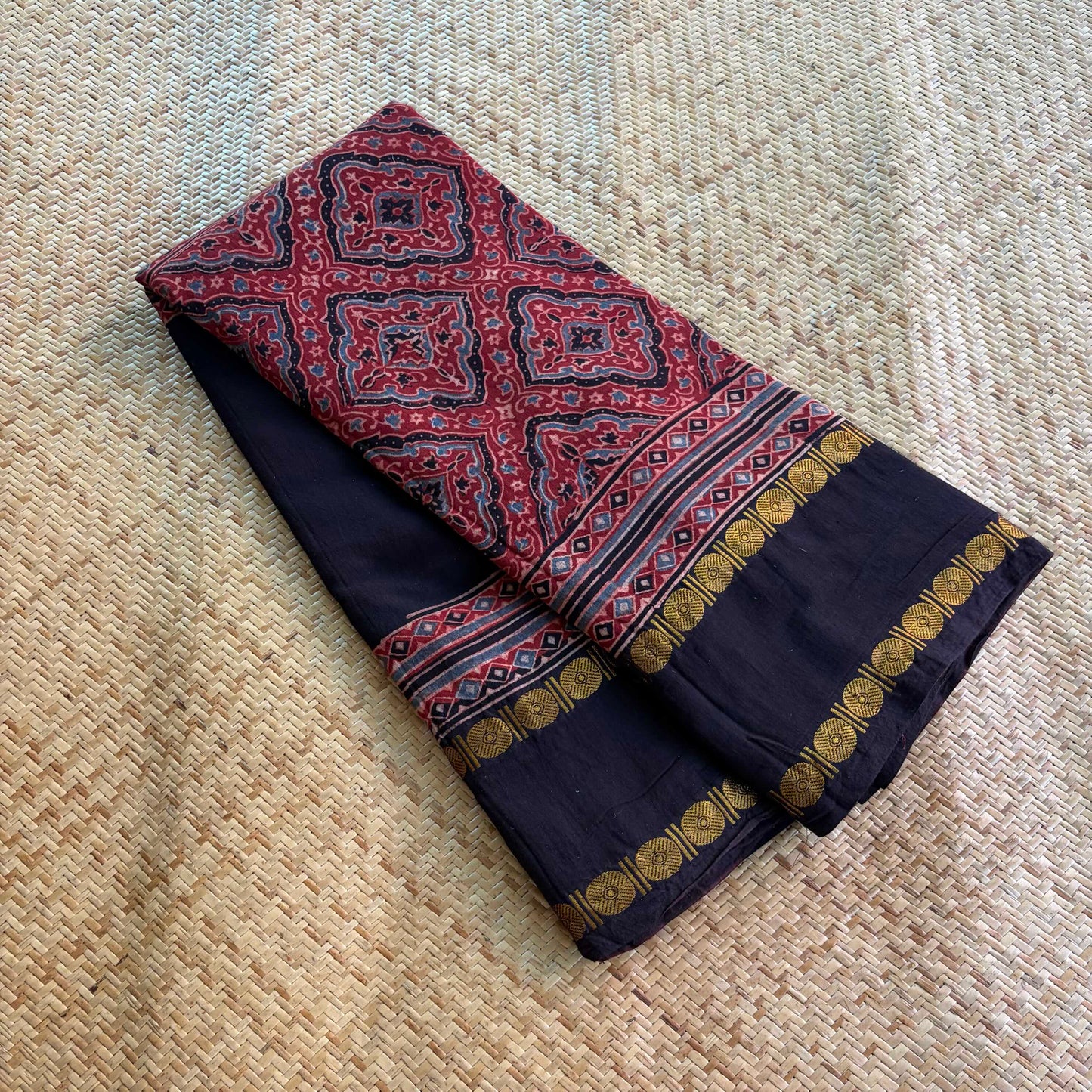 Madder, Ajrak Hand Block Printed On Madurai Cotton Saree With Zari