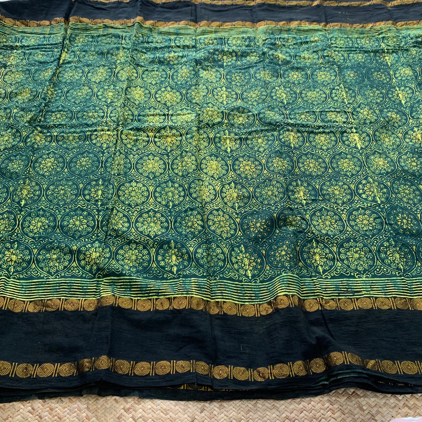 Patterned Flowers, Ajrak Hand Block Printed On Madurai Cotton Saree With Zari