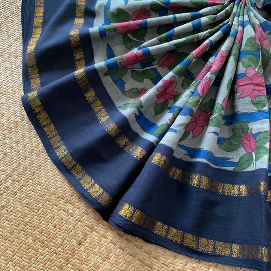 Lotus Kalamkari Hand Painted on a Madurai Sungudi Cotton saree.