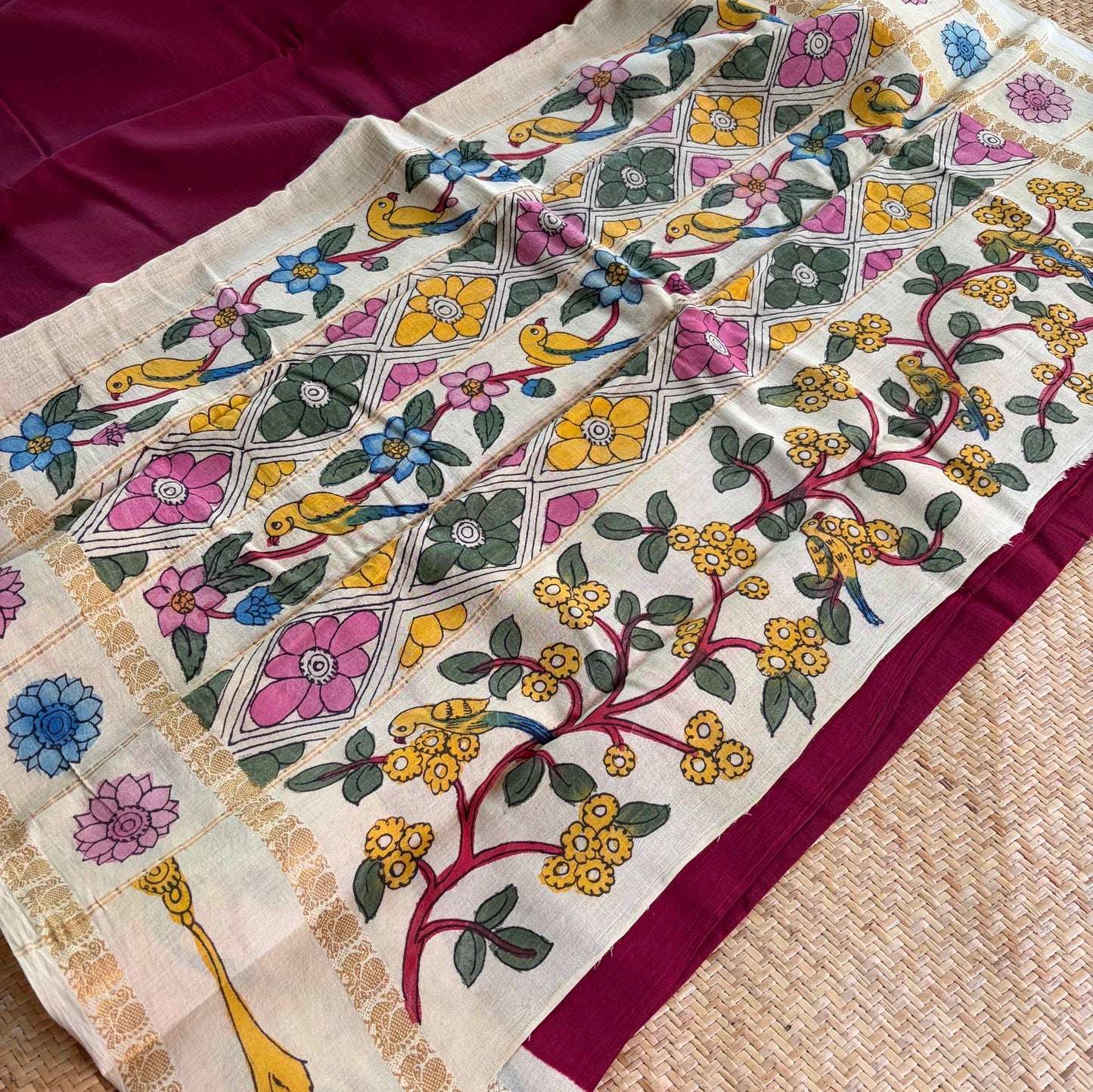 Parrot 🦜 - Kalamkari Hand Painted on a Madurai Sungudi Cotton saree.