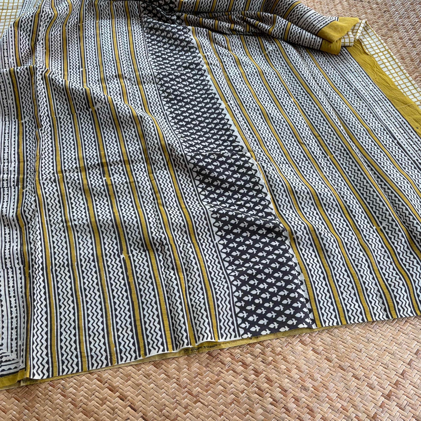 Mul Mul Cotton saree, Hand Block Printed, Mustard