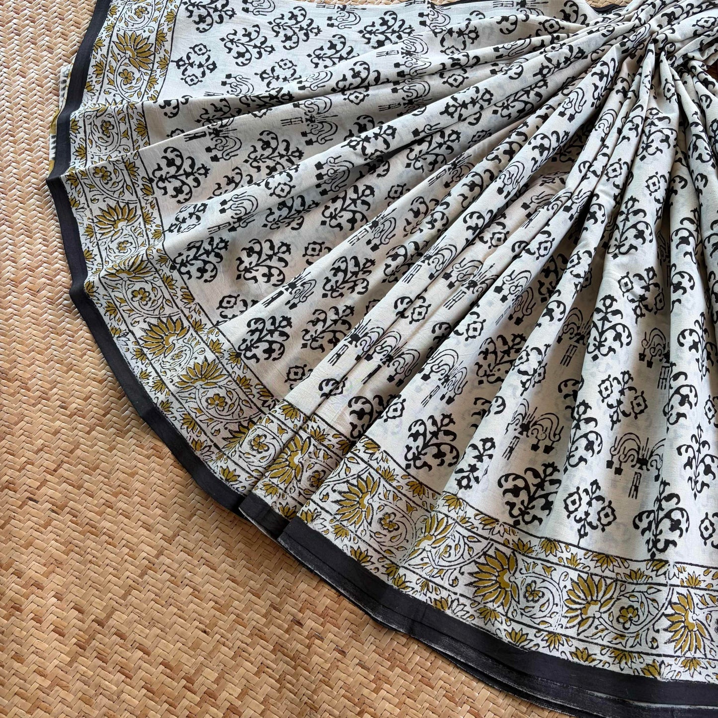 Mul Mul Cotton saree, Hand Block Printed, Beige