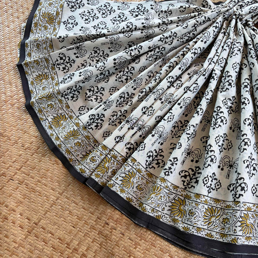 Mul Mul Cotton saree, Hand Block Printed, Beige