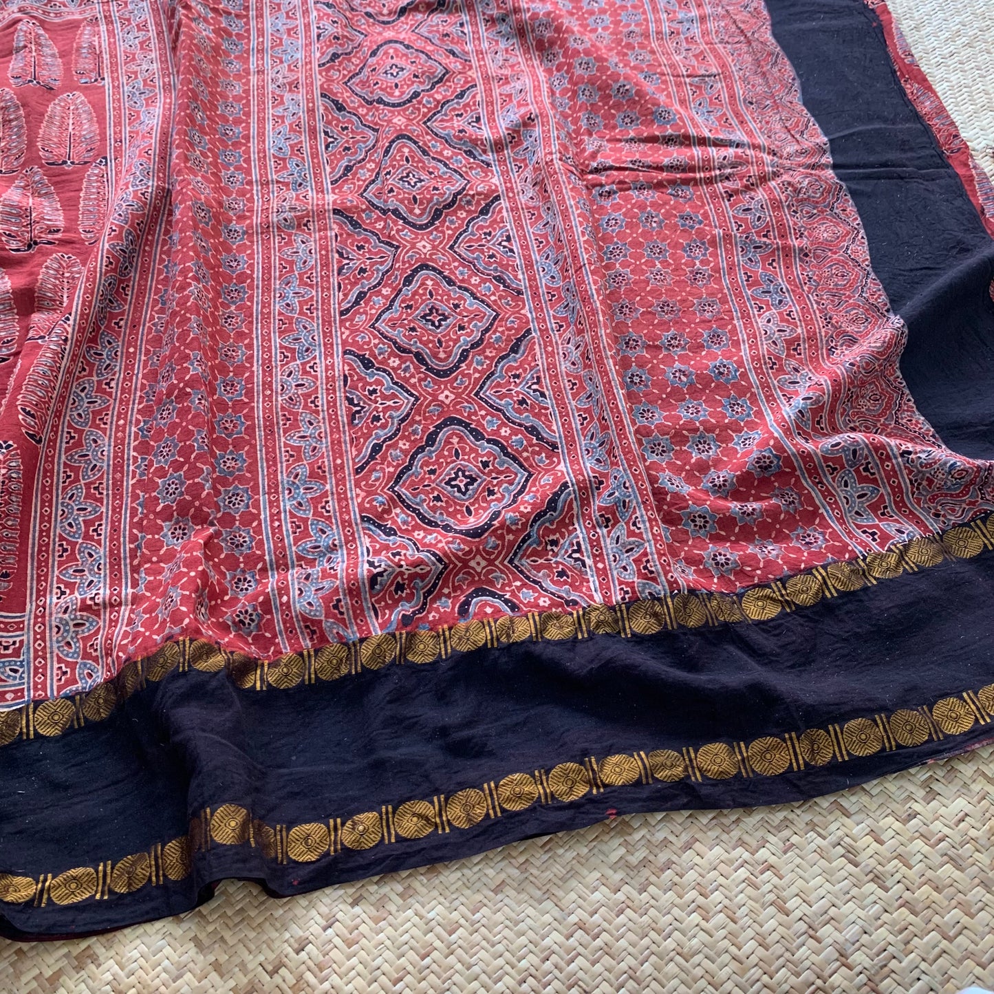 Pinecone-Manjistha, Ajrak Hand Block Printed On Madurai Cotton Saree With Zari