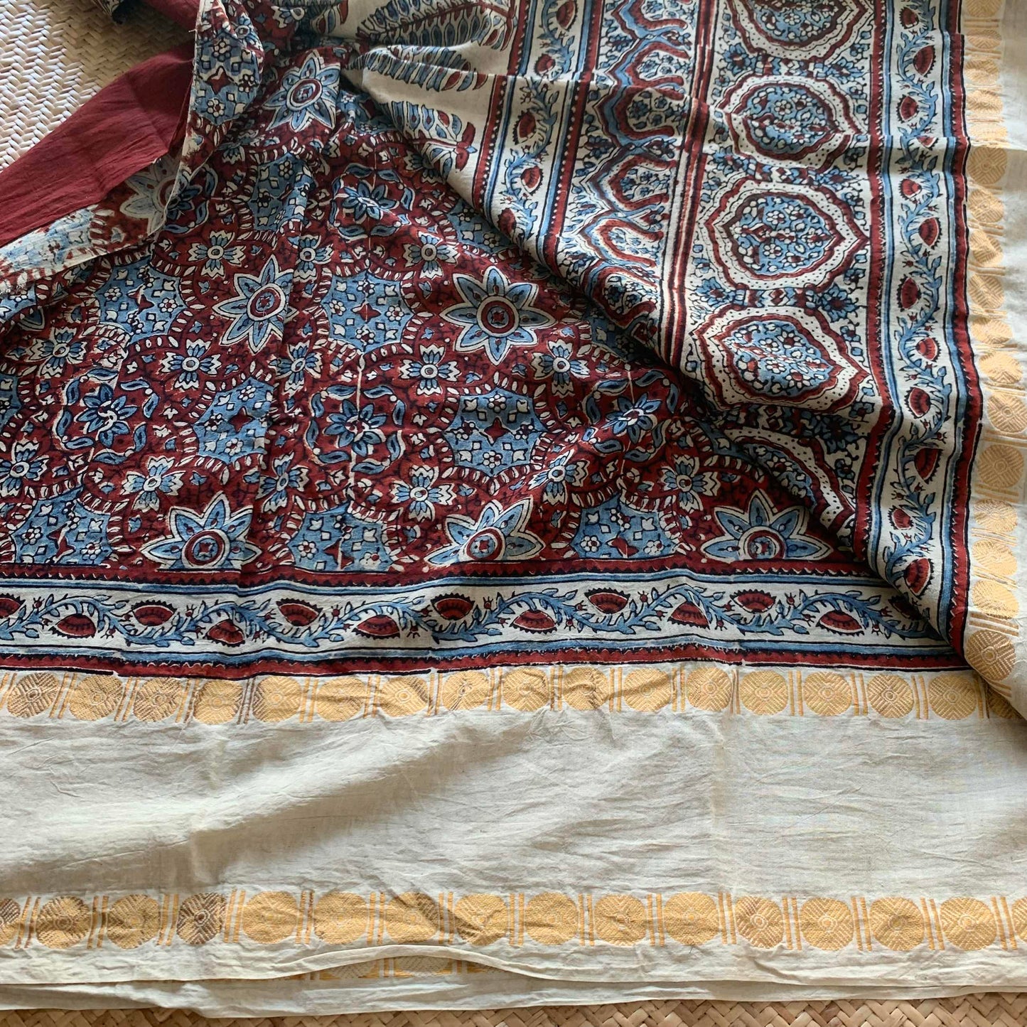 Pinecone-Cream , Ajrak Hand Block Printed On Madurai Cotton Saree With Zari