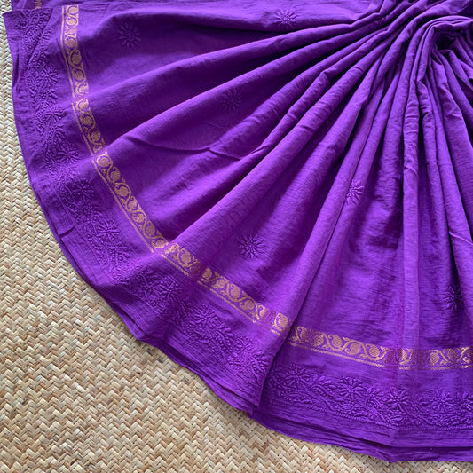 Voilet Chickankari Embroidery on a Sungudi Cotton Saree