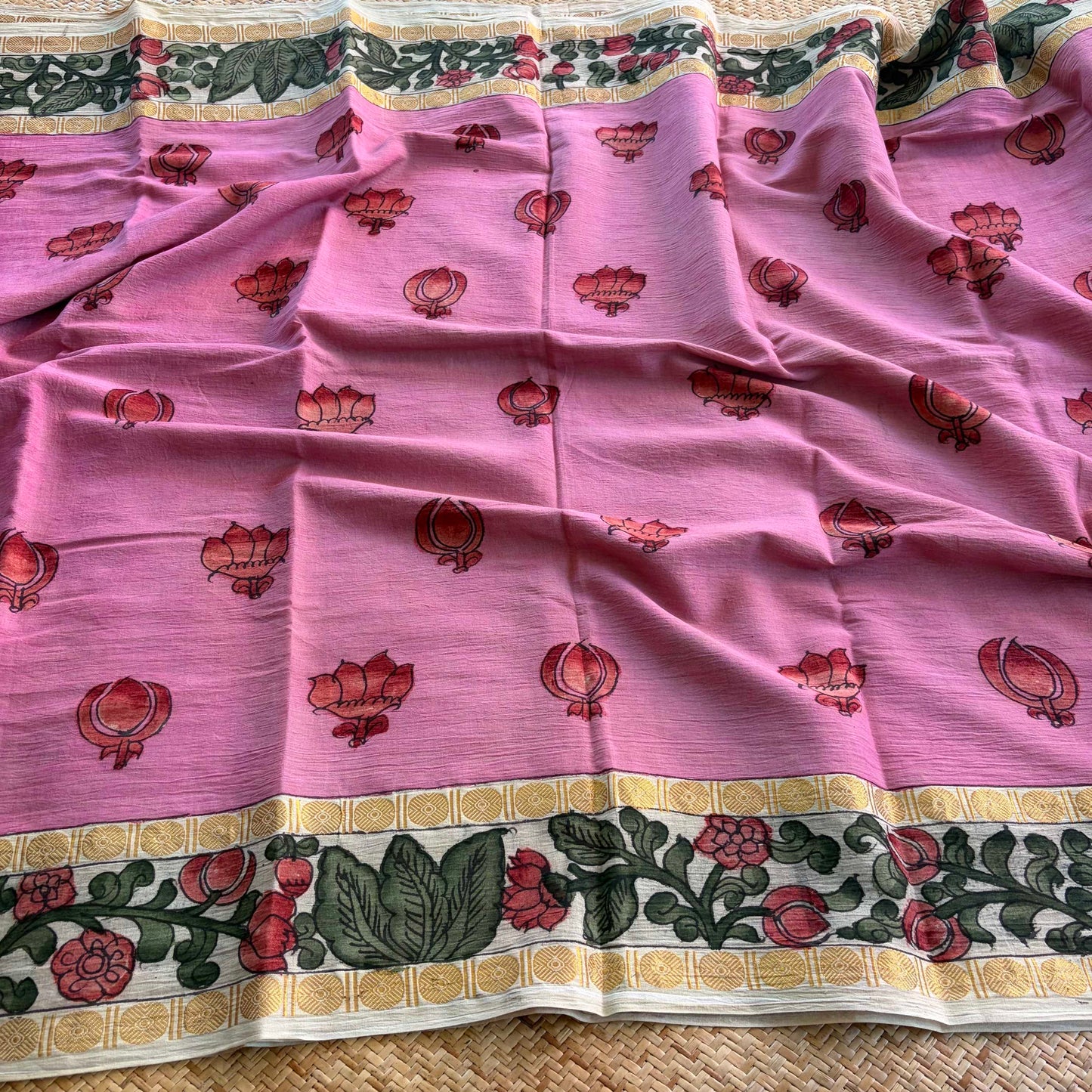 Dusty Pink Kalamkari Hand Painted on Cotton Sungudi Saree With Blouse