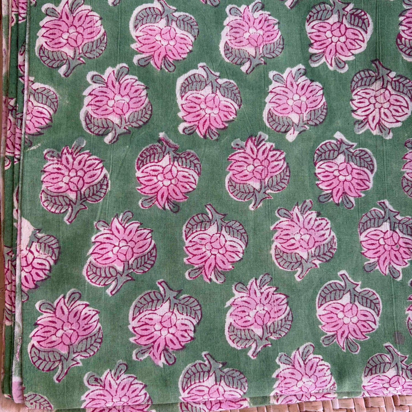 Hand Block Printed Sanganeri Cotton Running Fabric, Green