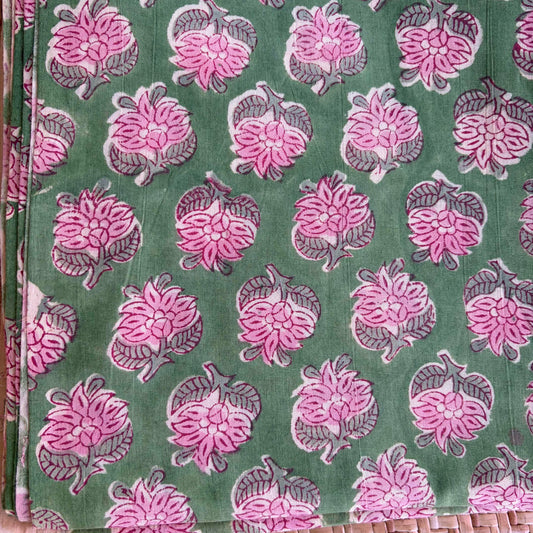 Hand Block Printed Sanganeri Cotton Running Fabric, Green