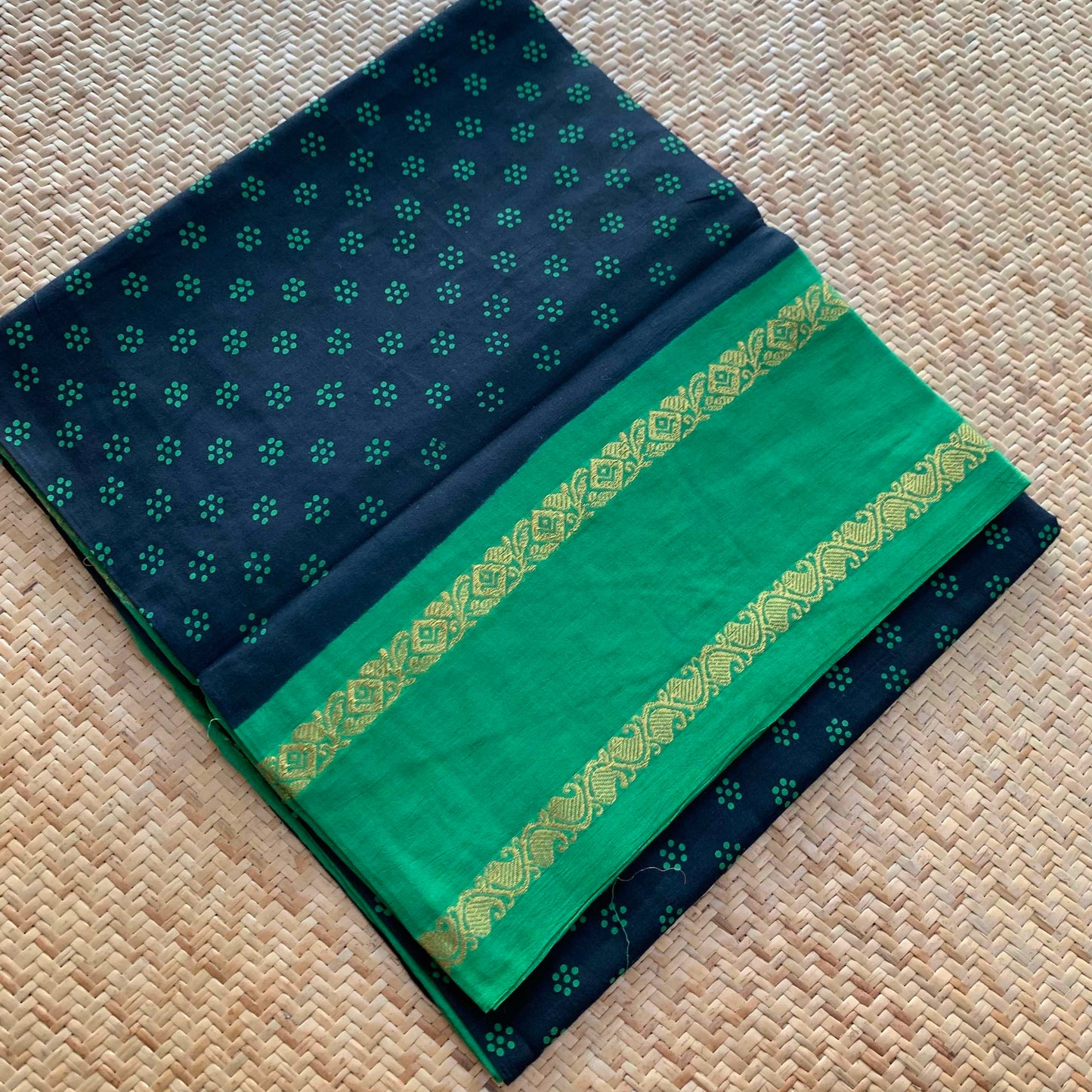 Black Saree With Green Wax Print, Half Fine Zari Premium Sungudi Cotton Sarees