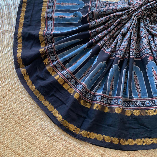 Black, Ajrak Hand Block Printed On Madurai Cotton Saree With Zari
