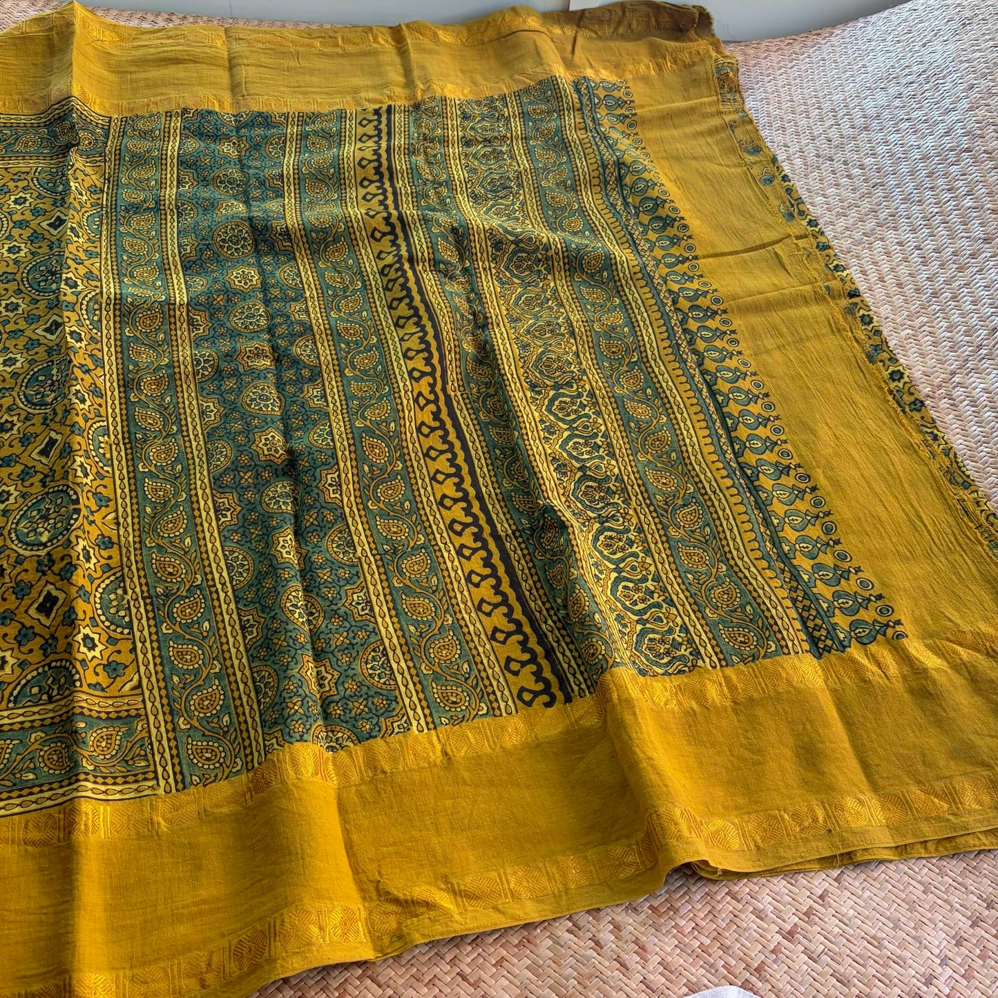 Mustard, Ajrak Hand Block Printed On Madurai Cotton Saree With Zari