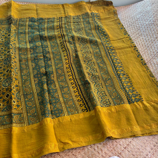 Mustard, Ajrak Hand Block Printed On Madurai Cotton Saree With Zari