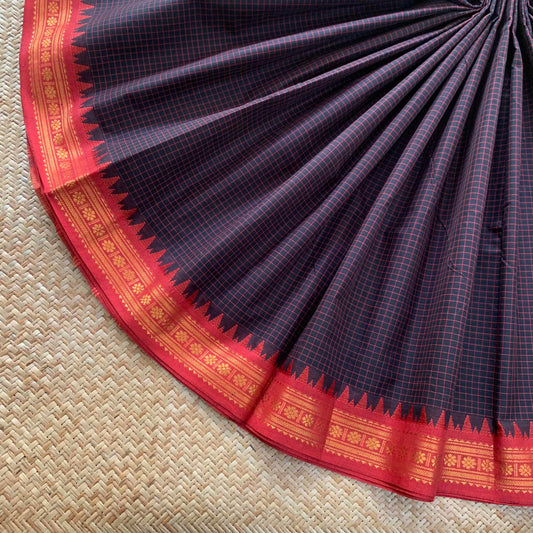 Chettinad Cotton Saree, Black Saree with Red Border