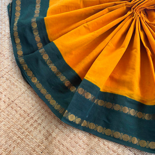 Yellow Saree With Running Blouse , Zari Rudraksham Rettai Pettu Border , Clamp dyed (Kattu sayam)