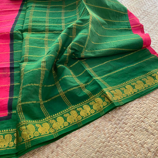 Pinkish Red saree Green Border, Zari Velthari Madurai Sungadi Saree