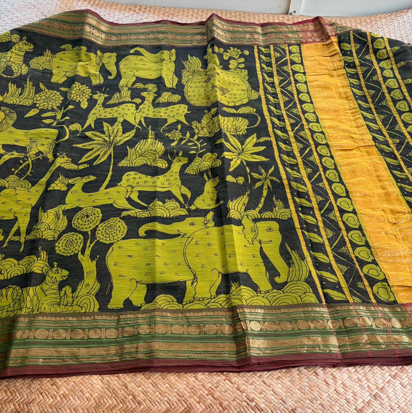 Green Forest Kalamkari Hand Painted on Chettinad Cotton saree