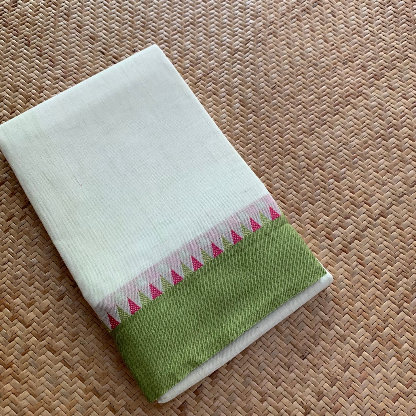 Chettinad Cotton Saree, Greenish- Cream Saree With Green Border