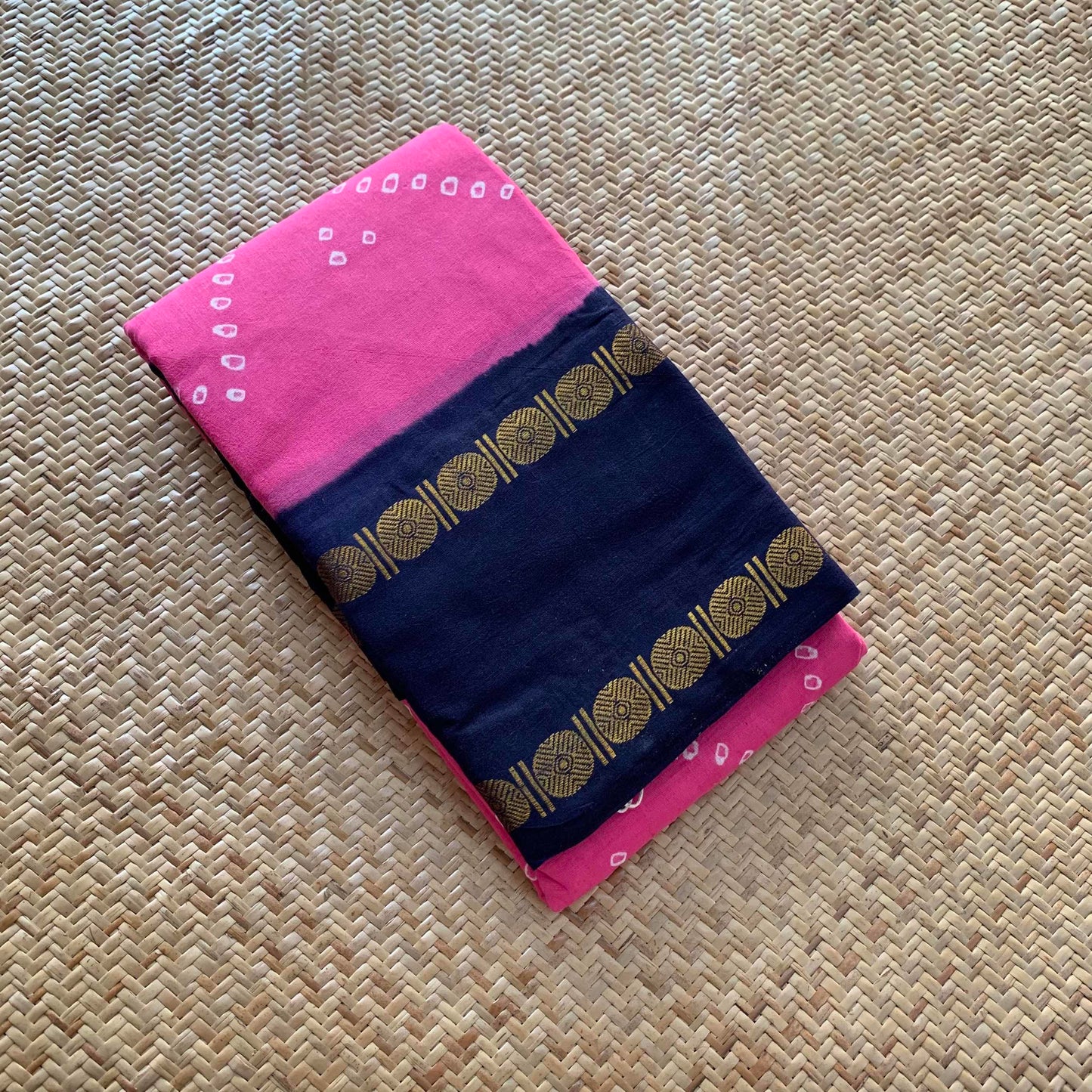 Pink With Navy Saree , Hand knotted Sungudi , Kaikattu Cotton Sungadi