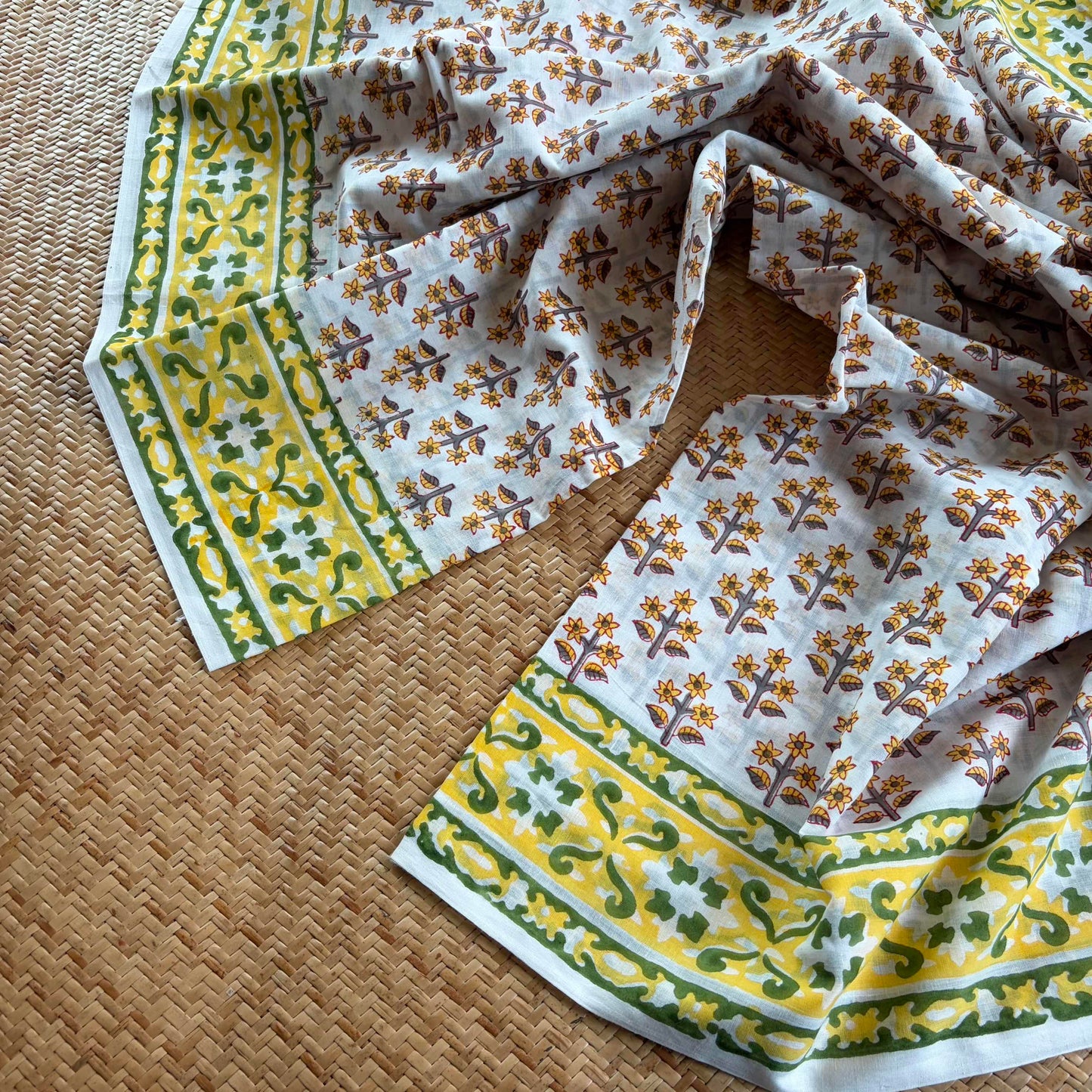 Mul Mul Cotton saree, Hand Block Printed, Off white
