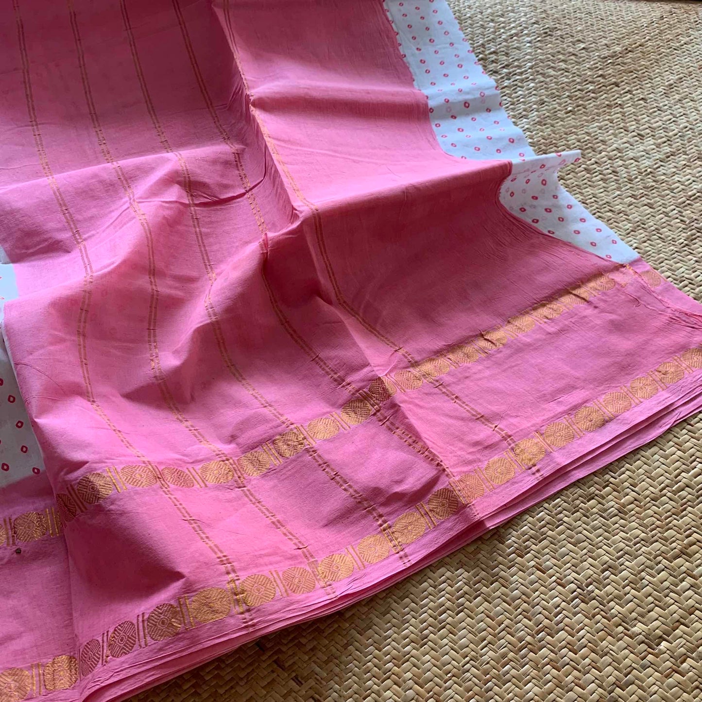 Pink Rudraksham Border With Block Print, Sungudi Saree