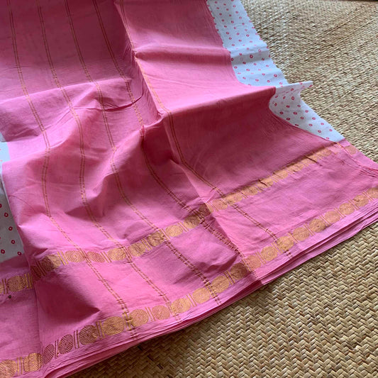 Pink Rudraksham Border With Block Print, Sungudi Saree