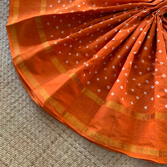 Orange Saree, Hand knotted Sungudi On a Annam Border Cotton saree, Kaikattu Sungudi
