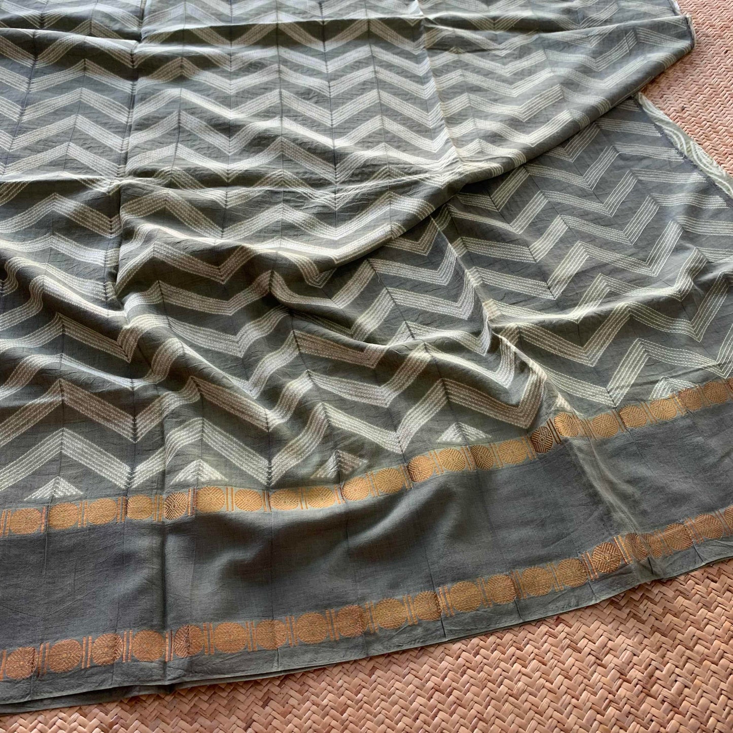 Wood Grain - Sage Green, Hand Crafted Shibori Sungudi Cotton Saree