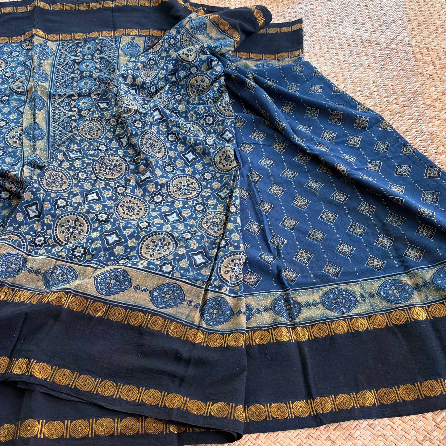 Diamond Indigo, Ajrak Hand Block Printed On Madurai Cotton Saree With Zari