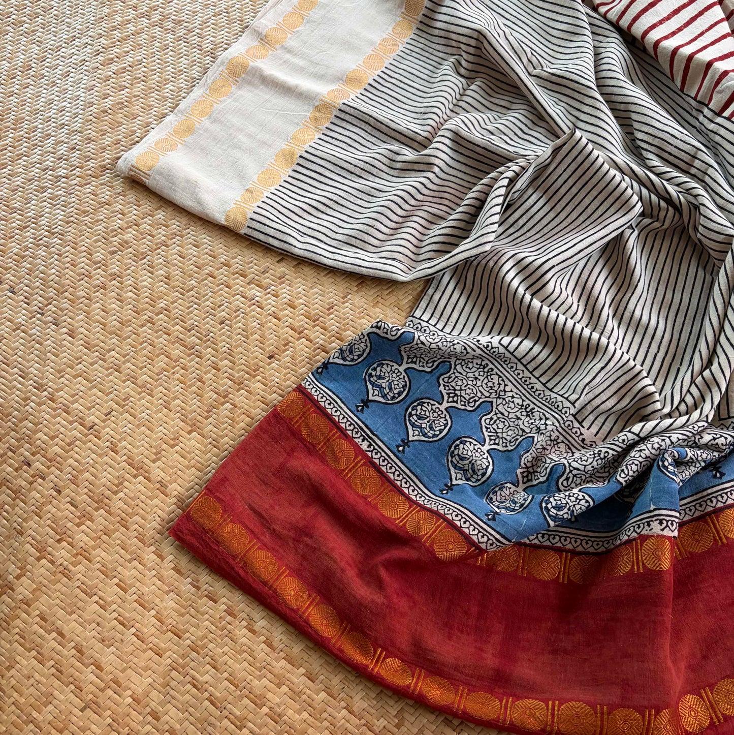 Off White Stripes, Ajrak Hand Block Printed On Madurai Cotton Saree With Zari