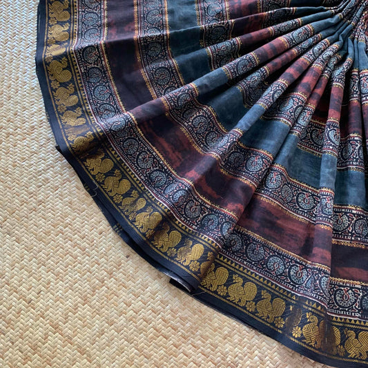 Trailing Plants- Black, Ajrak Hand Block Printed On Madurai Cotton Saree With Zari