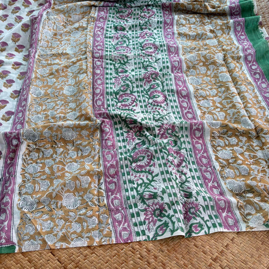 Mul Mul Cotton saree, Hand Block Printed, White