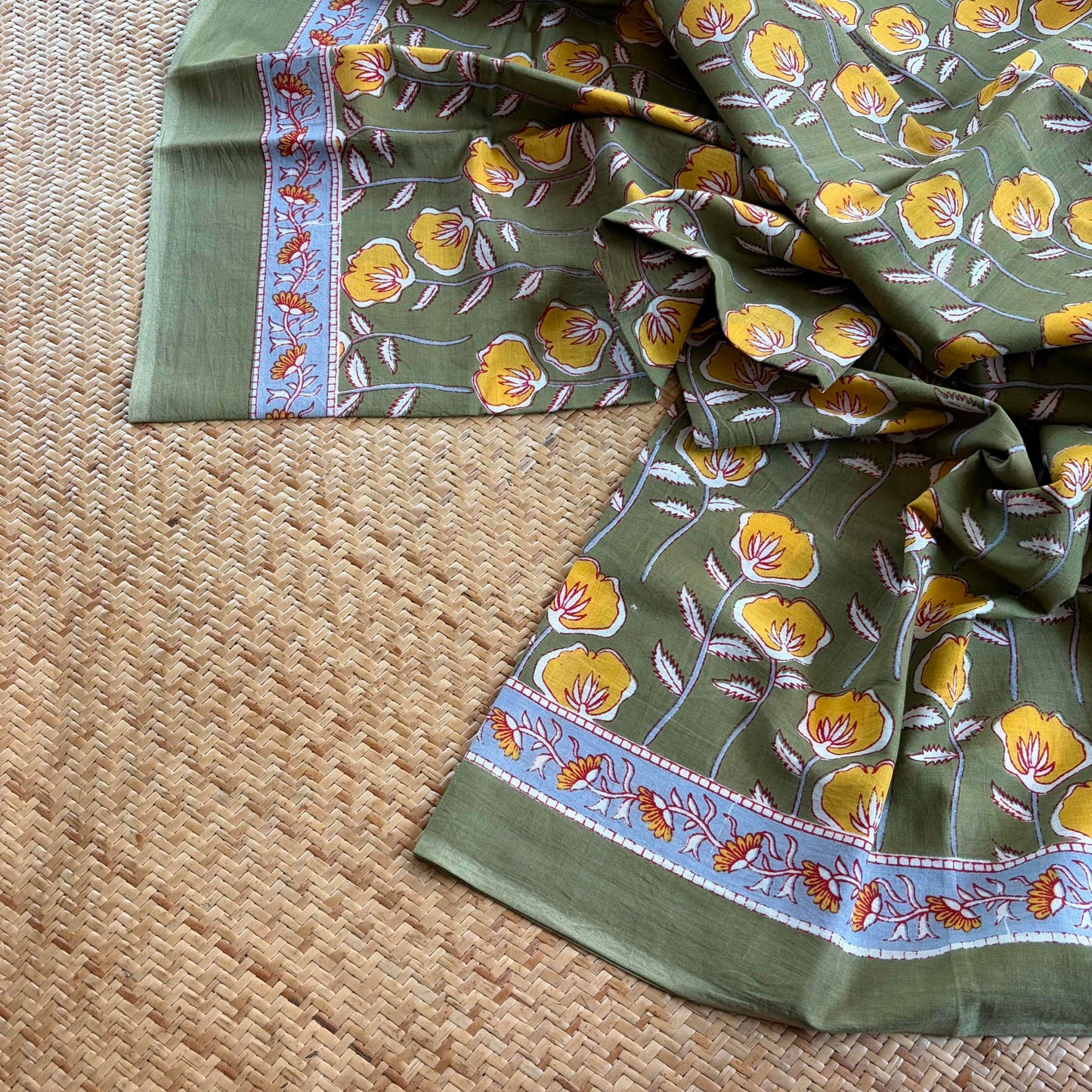 Mul Mul Cotton saree, Hand Block Printed, Green
