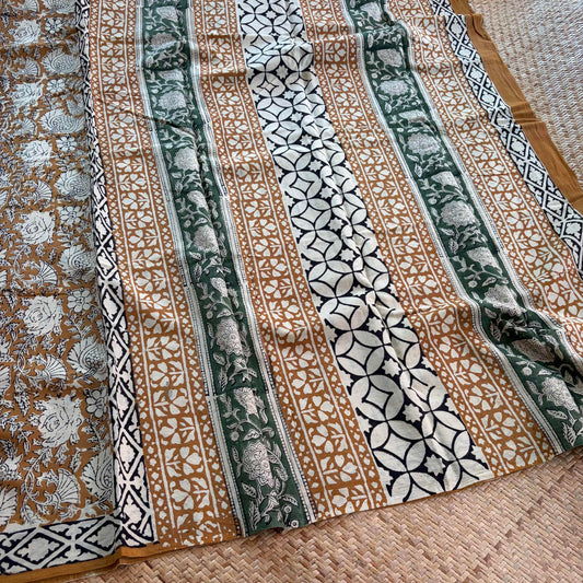 Mul Mul Cotton saree, Hand Block Printed, Mustard
