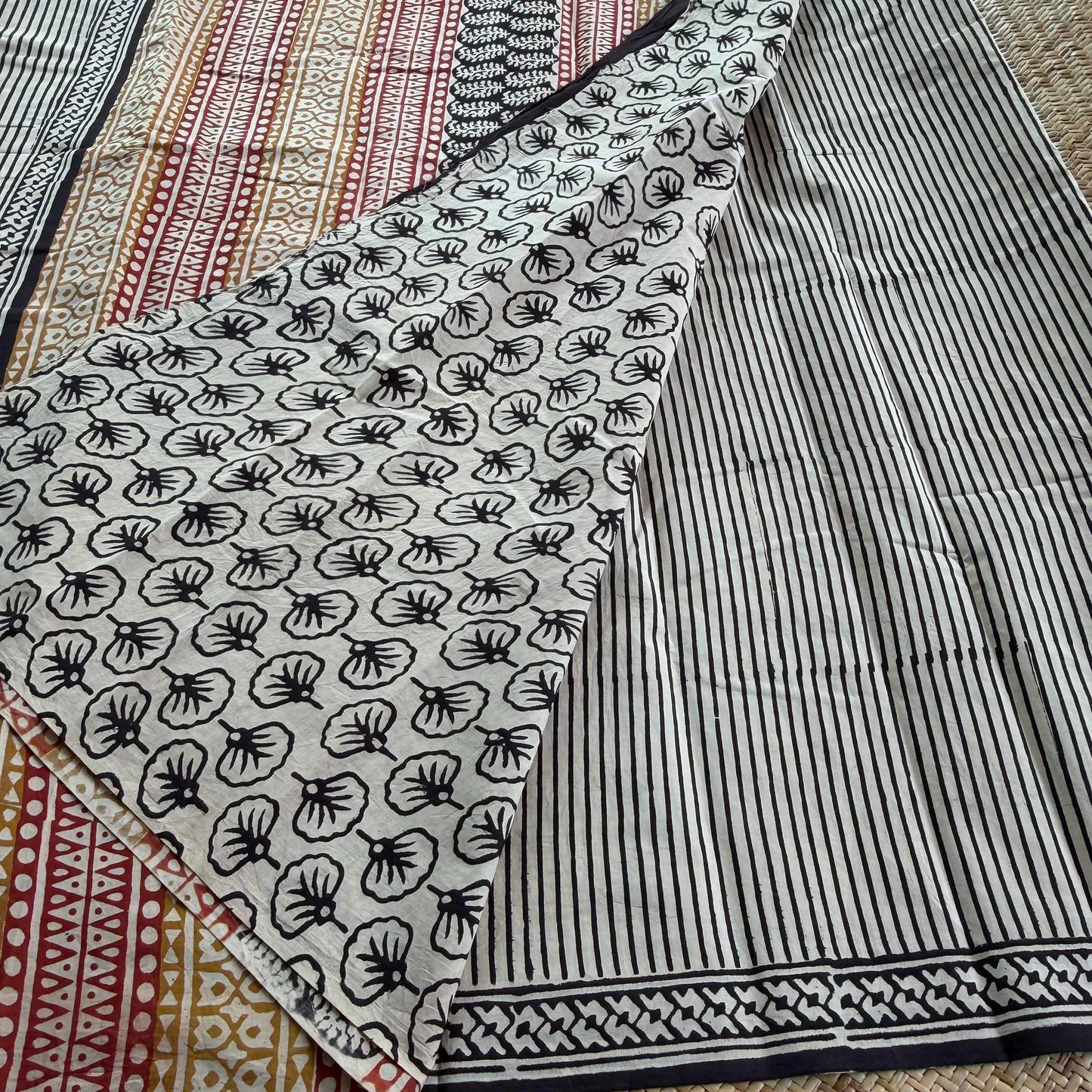 Mul Mul Cotton saree, Hand Block Printed, Black