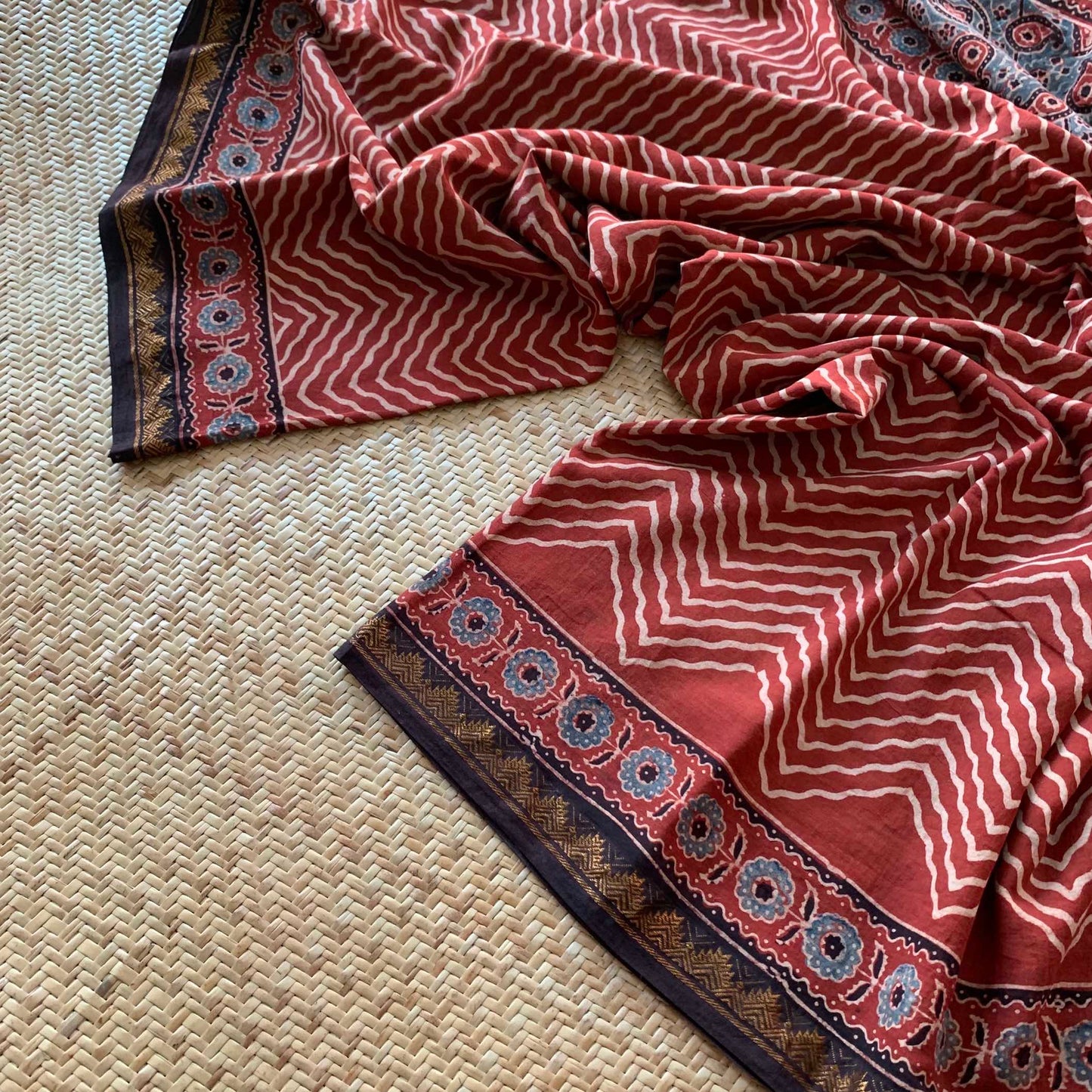 Herringbone Madder, Ajrak Hand Block Printed On Madurai Cotton Saree With Zari