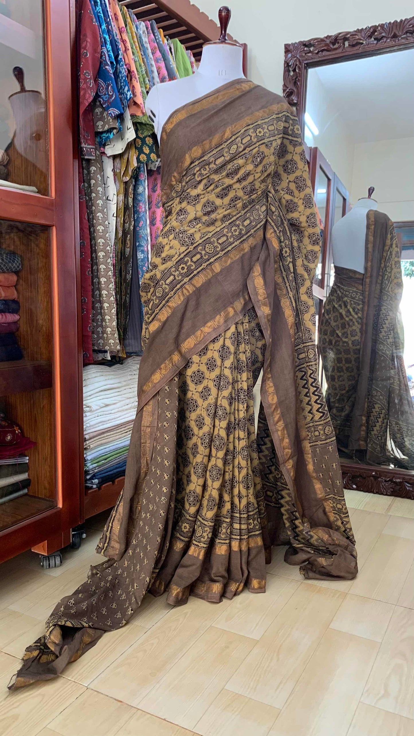 Taupe, Ajrak Hand Block Printed On Madurai Cotton Saree With Zari