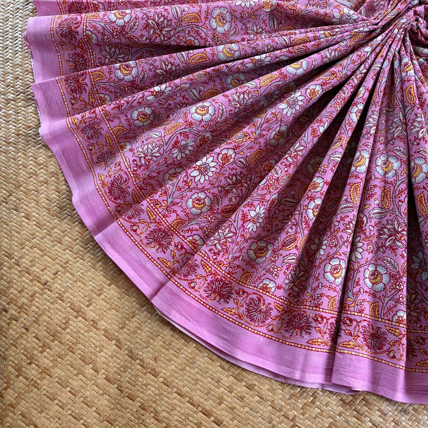 Mul Mul Cotton saree, Hand Block Printed, Pink