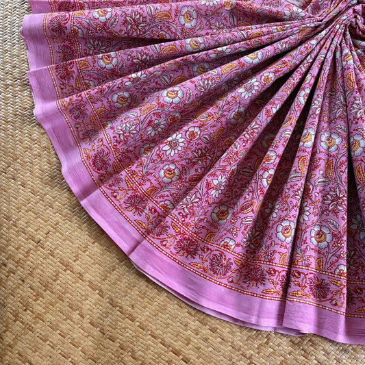 Mul Mul Cotton saree, Hand Block Printed, Pink
