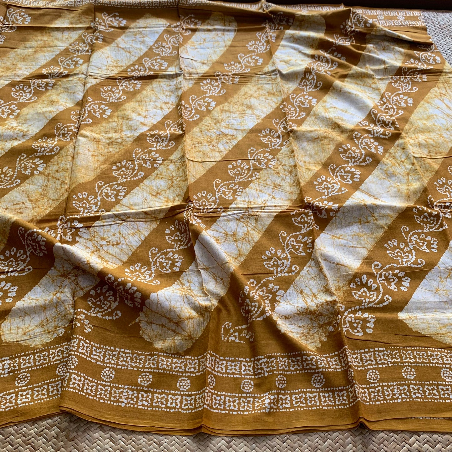 Mustard Hand Crafted wax print Sungudi Mul Mul Cotton Saree