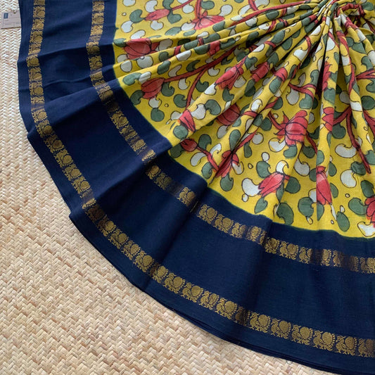 Floral Kalamkari Hand Painted on a Madurai Sungudi Cotton saree.