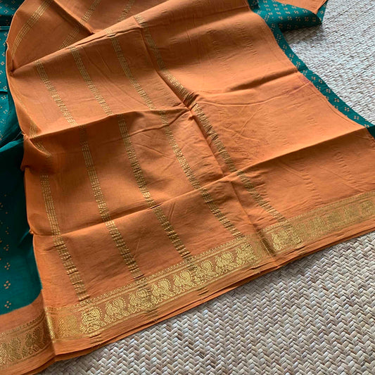 Green With Mustard Wax Print, Half Fine Zari Premium Sungudi Cotton Sarees