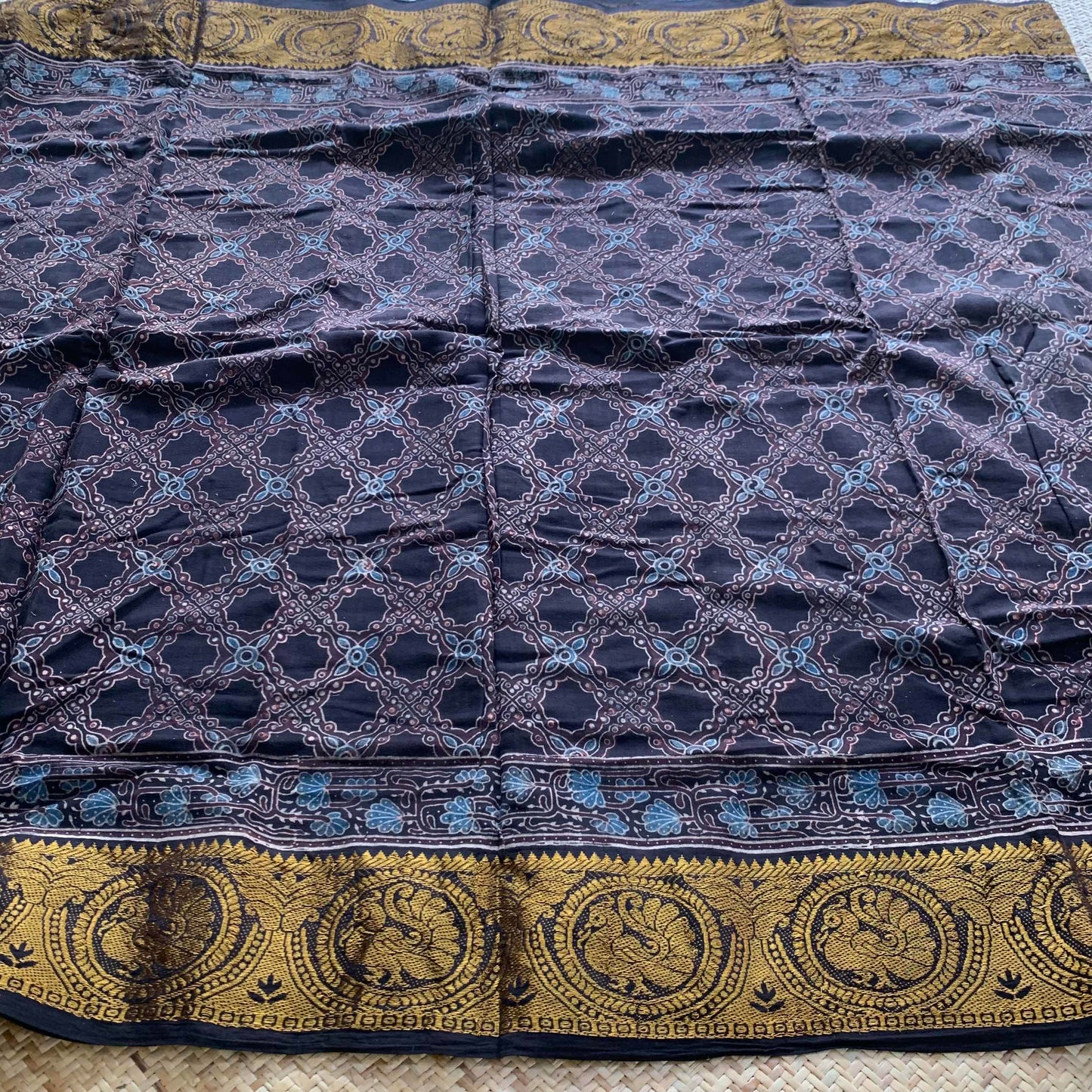 Black, Ajrak Hand Block Printed On Madurai Cotton Saree With Zari