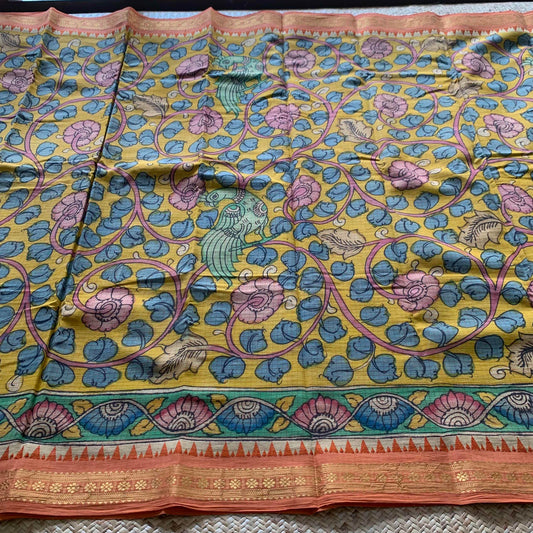 Golden Yellow Kalamkari Hand Painted on Chettinad Cotton saree