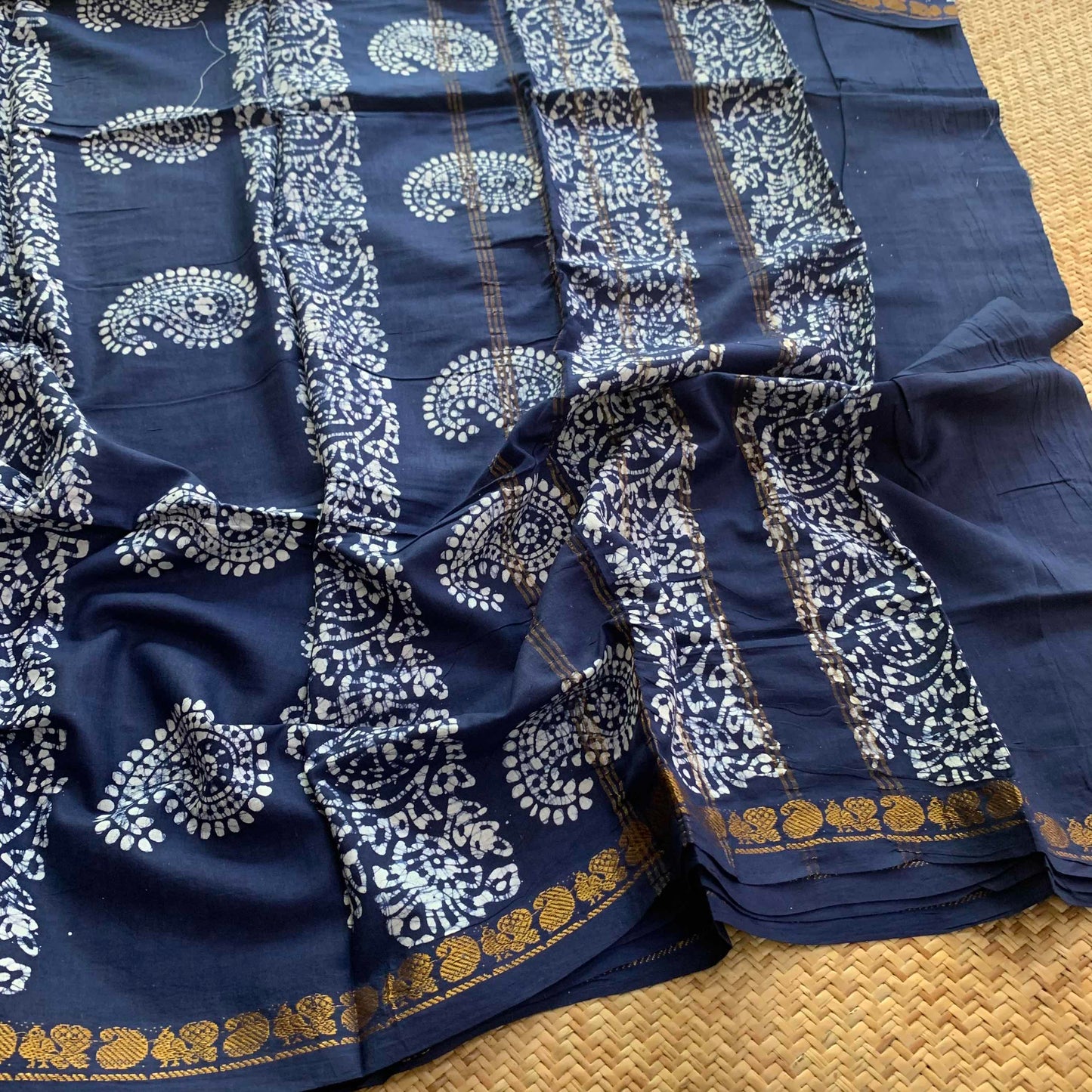 Navy Hand Crafted wax print Sungudi Mul Mul Cotton Saree