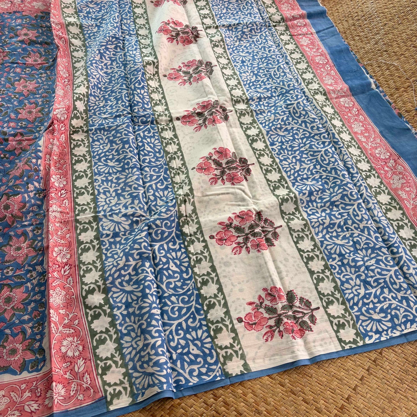 Mul Mul Cotton saree, Hand Block Printed, Blue