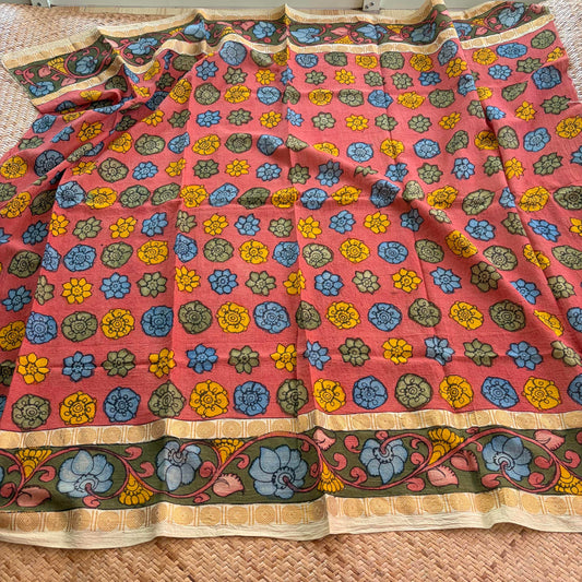 Rust Orange Floral, Kalamkari Hand Painted on a Madurai Sungudi Cotton 1.20 METER FABRIC