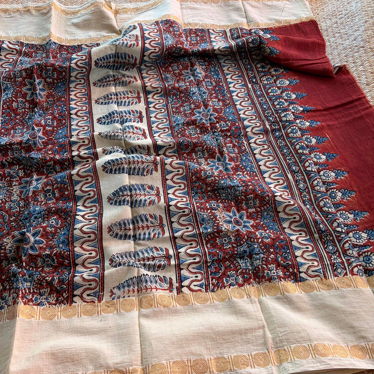 Pinecone-Cream , Ajrak Hand Block Printed On Madurai Cotton Saree With Zari