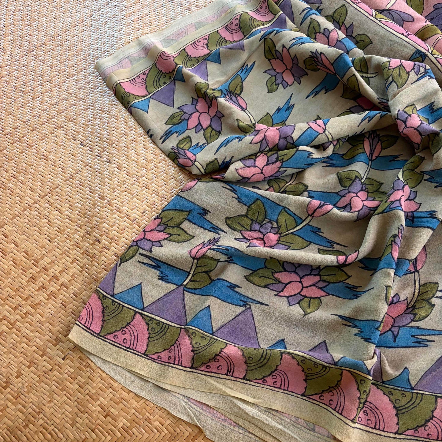 Multicoloured Kalamkari Hand Painted on Crape silk