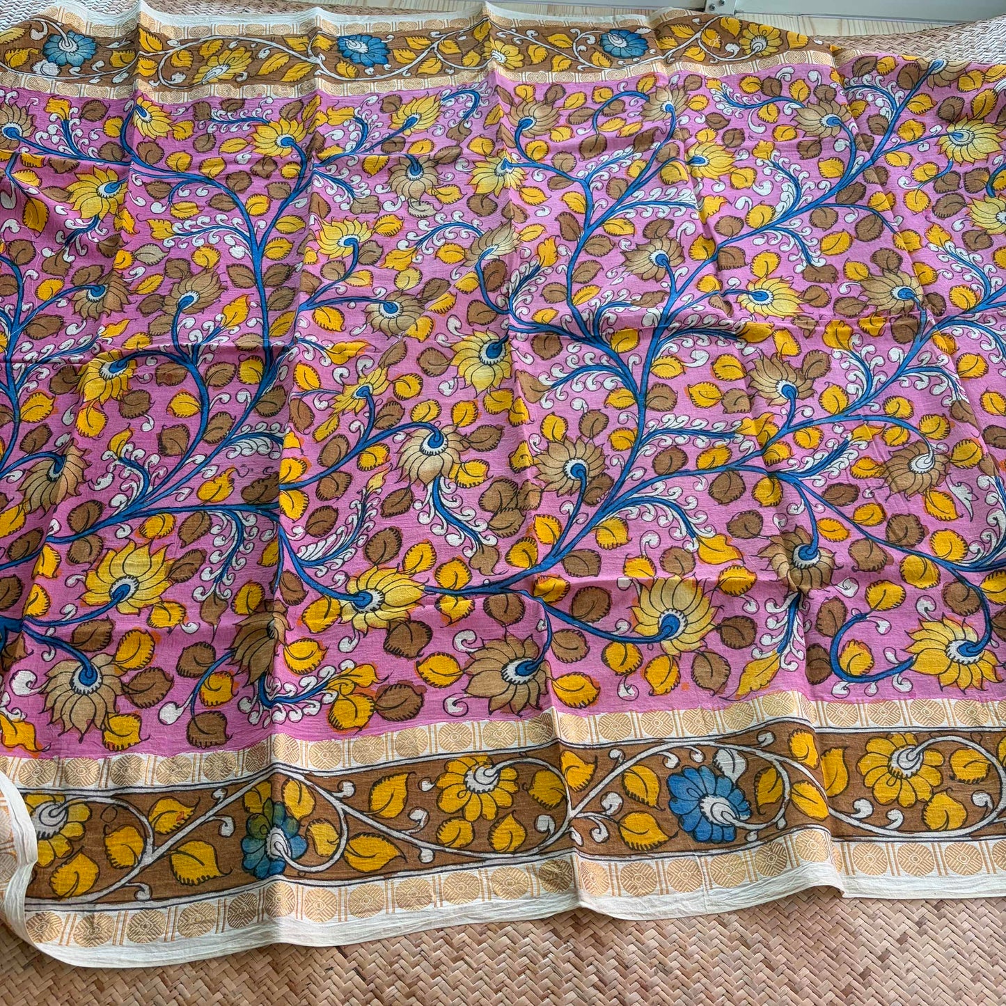 Pink Floral, Kalamkari Hand Painted on a Madurai Sungudi Cotton 1.20 METER FABRIC